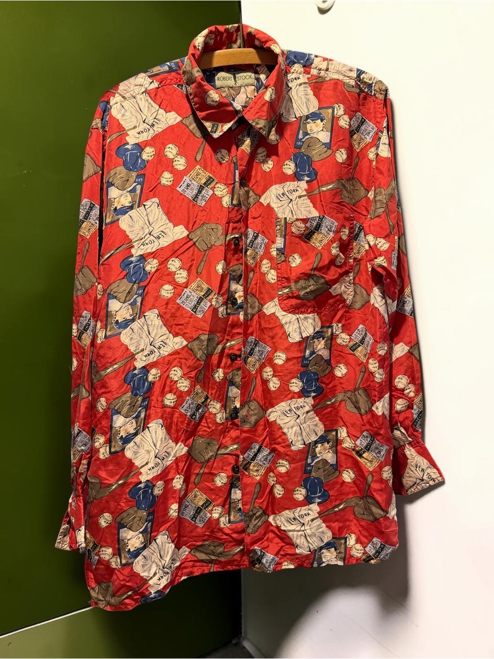 Robert Stock Silk Baseball Print Button Down Shirt New York Vintage Novelty L